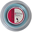The clear round case of the BadmintonHQ Inspire 67 Zoom Light Blue badminton string (0.67mm, 200m) features a red label with a player's silhouette and the text "A power string that's built to last" from BADMINTONHQ.CO.UK. Crafted with durable nylon multifilament, it's perfect for racket stringing enthusiasts.