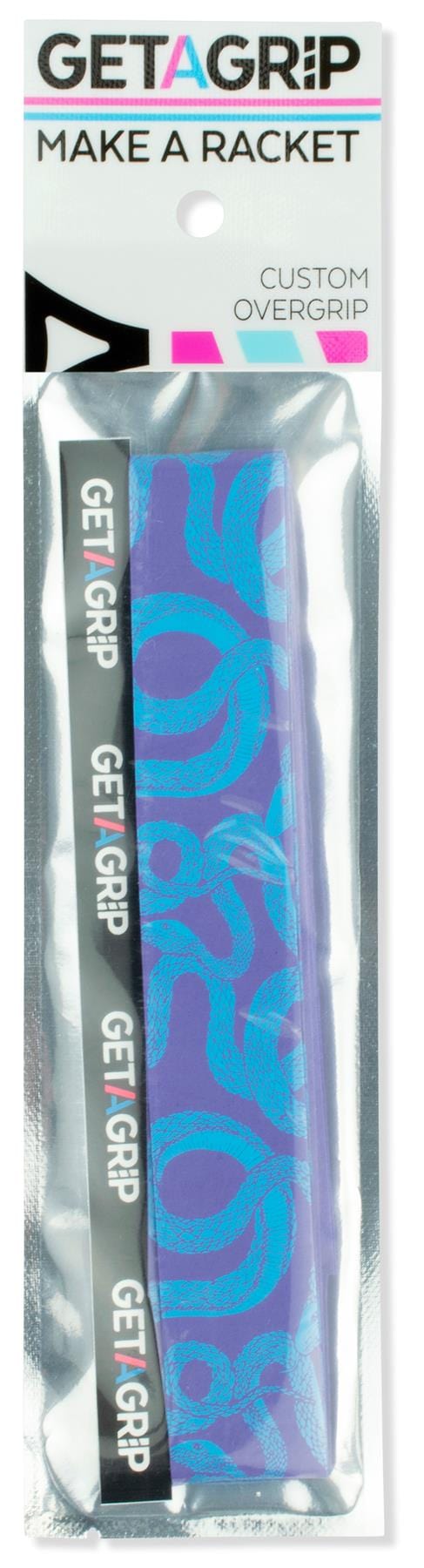 The Get A Grip Badminton Overgrip - Hydra features a blue and purple design in clear packaging with the "MAKE A RACKET" slogan—a stylish, practical gift for badminton players.