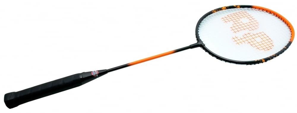 The Sure Shot The Racket Pack Wise Full Size Badminton Racket - Orange is designed for junior players with an orange and black frame. It has a grid string pattern featuring "S" and "D" logos, and the Racket Pack handle comes with a black grip for optimal play.