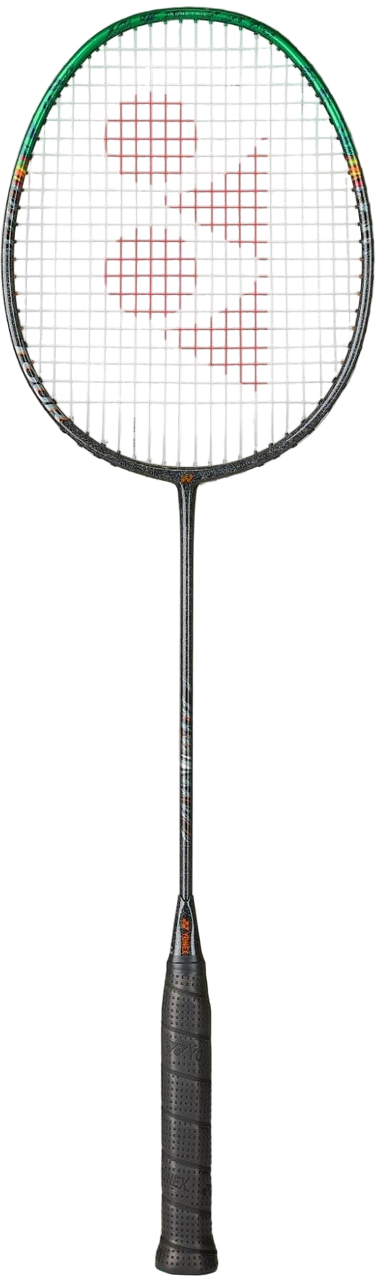 The Yonex Astrox 99 Tour 4U Badminton Racket in black/green features a slim shaft, circular head, red-patterned strings, and a green-outlined frame for enhanced power with every shot.