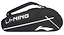 The Li-Ning Corner 6 Racket Badminton Bag in black flaunts bold white branding with a sleek diagonal design. Ideal for badminton players, it offers dedicated compartments and a convenient shoulder strap for easy transport.