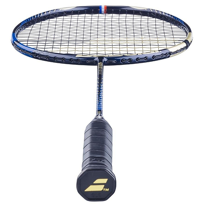 The Babolat Satelite Master Badminton Racket - Navy Blue by Babolat boasts a striking navy blue color with strings arranged upright. The grip, covered in sleek black material, is accented with a subtle logo at the end of the handle. This design provides superior aerodynamics for improved on-court performance.