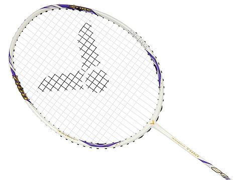 The Victor Auraspeed 7100 4U Badminton Racket by Victor features a white and purple design with a black logo on the string bed, made from high resilience graphite and displayed against a white background.