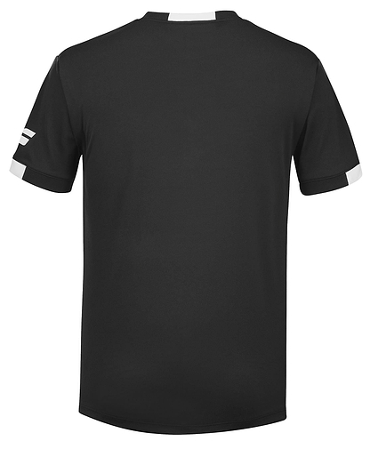 The Babolat Play Men's Crew Neck Badminton T-Shirt in black, featuring white accents on the sleeves and neck, shown from the back.