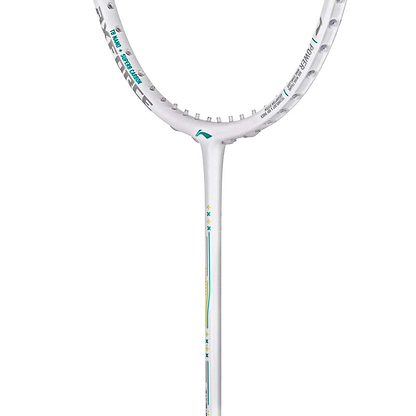 Close-up of the top and shaft of a Li-Ning Axforce 60 4UG5 Badminton Racket - White, unstrung with green and blue accents, featuring FRTP technology. Only part of the Li-Ning frame is visible against a plain white background.