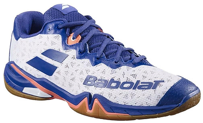 The Babolat Shadow 4 Men's Badminton Shoes in white, blue, and navy feature a wave-patterned sole, mesh upper, and bold side logo—ideal for players seeking style and performance.