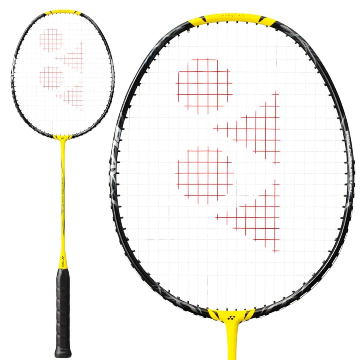 The Yonex Nanoflare 1000 Play 4U Badminton Racket in Lightning Yellow by Yonex showcases a striking combination of yellow and black, featuring an Aero Frame design. Its head displays a white string face accented with a red geometric logo, while the handle is wrapped in black grip tape, highlighted alongside a detailed view of the racket head.