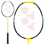 The Yonex Nanoflare 1000 Play 4U Badminton Racket in Lightning Yellow by Yonex showcases a striking combination of yellow and black, featuring an Aero Frame design. Its head displays a white string face accented with a red geometric logo, while the handle is wrapped in black grip tape, highlighted alongside a detailed view of the racket head.
