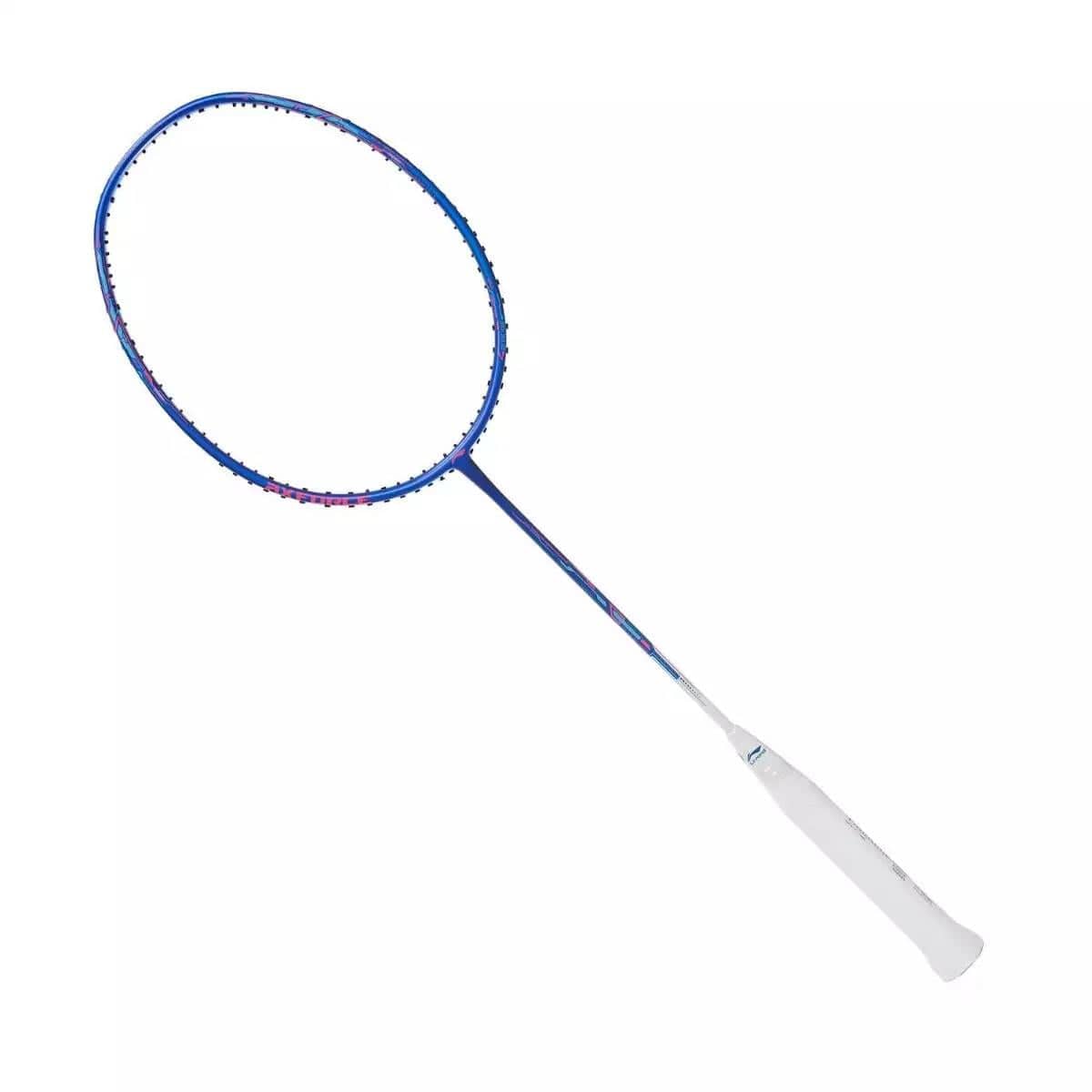 The Li-Ning Axforce 20 4U Badminton Racket in Gulf Blue is a head-heavy racket for explosive power, featuring a white grip and a purple accent on the frame, elegantly displayed against a plain white background.