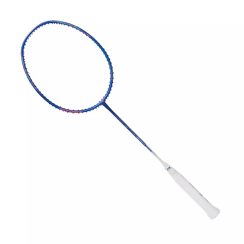 The Li-Ning Axforce 20 4U Badminton Racket in Gulf Blue is a head-heavy racket for explosive power, featuring a white grip and a purple accent on the frame, elegantly displayed against a plain white background.