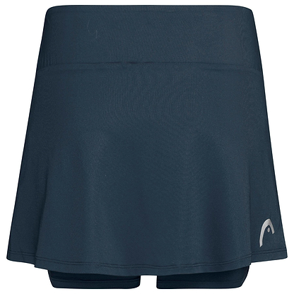 The HEAD Women's Club Basic Badminton Skort in dark navy features a fitted high waistband and attached shorts. Designed for badminton with a small logo on the lower right, it uses Moisture Transfer Microfibre technology for smooth, stretchy fabric.