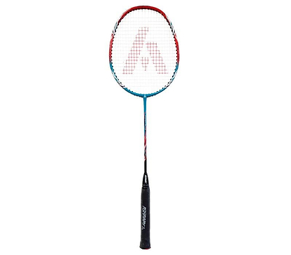 The Ashaway AM 9SQ Badminton Racket by Ashaway features a striking red and turquoise frame, complemented by a black grip handle and white strings. Its sleek design includes a carbon shaft for enhanced power and control precision, showcased standing vertically against a plain white background.