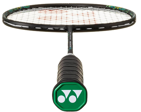 A close-up of the Yonex Nanoflare 002 Feel 4U Badminton Racket in Black/Green shows the handle with black grip tape and Yonex logo on the green end cap, highlighting its head-light balance with visible racket head and strings.
