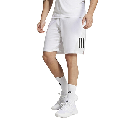 A person wearing a white t-shirt, adidas Men's 3 Stripe Badminton Shorts in white, moisture-wicking white socks, and white sneakers stands against a plain background.
