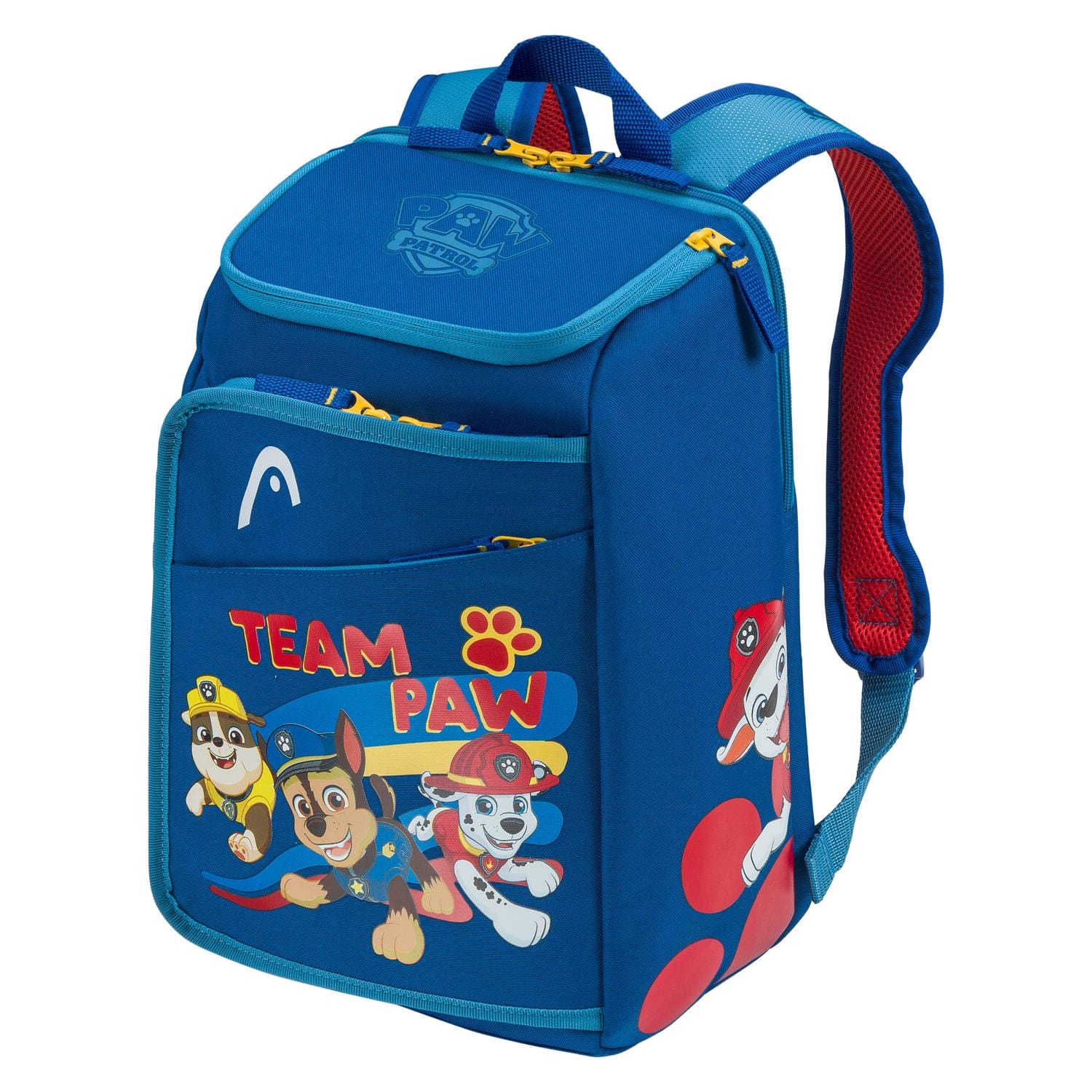 The HEAD x Paw Patrol Kids Tennis Backpack in blue features “TEAM PAW” text and three pups in rescue hats. With red, blue, and yellow accents, this stylish backpack makes carrying tennis gear fun for young Paw Patrol fans.