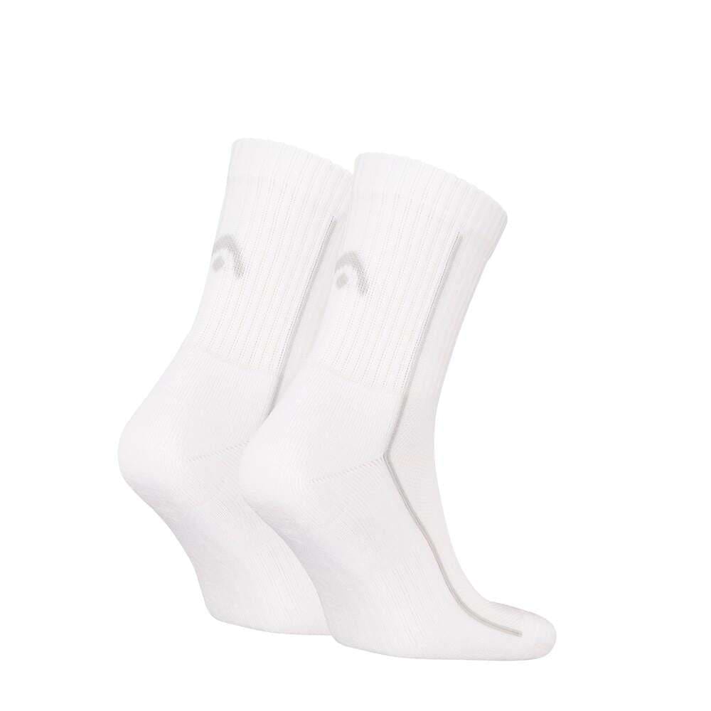 HEAD Performance Short Crew Badminton Socks (2 Pack) in white, featuring a gray logo and offering arch support for comfort, are slightly elevated and positioned closely together on a plain white background.