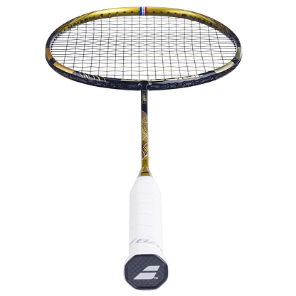 The Babolat Jetstream 83 4U racket boasts a black-and-gold frame with a white grip, accentuating style and manoeuvrability. It features a tight string pattern and hexagonal logo on the butt cap, ready for action.