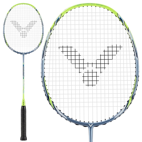 Close-up and full view of the Victor DriveX Light Fighter 60 E badminton racket from Victor. This contemporary racket features an aerodynamic frame in lime green with blue accents, designed with a head-heavy balance for delivering powerful shots. It is complemented by a black handle, while the strings showcase a unique black pattern.