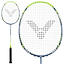 Close-up and full view of the Victor DriveX Light Fighter 60 E badminton racket from Victor. This contemporary racket features an aerodynamic frame in lime green with blue accents, designed with a head-heavy balance for delivering powerful shots. It is complemented by a black handle, while the strings showcase a unique black pattern.