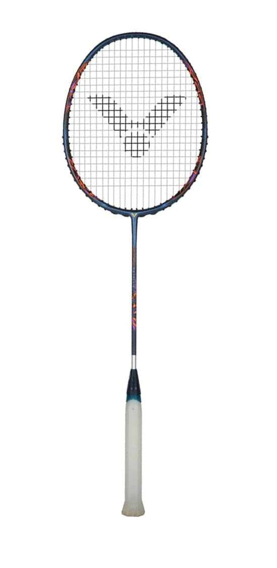 The Victor DriveX 10 Metallic B badminton racket from Victor features a white grip and an elegant dark frame, complemented by its Metallic Carbon Shaft. The strings are designed with diagonal lines and a central logo, making it ideal for players who desire both style and performance.