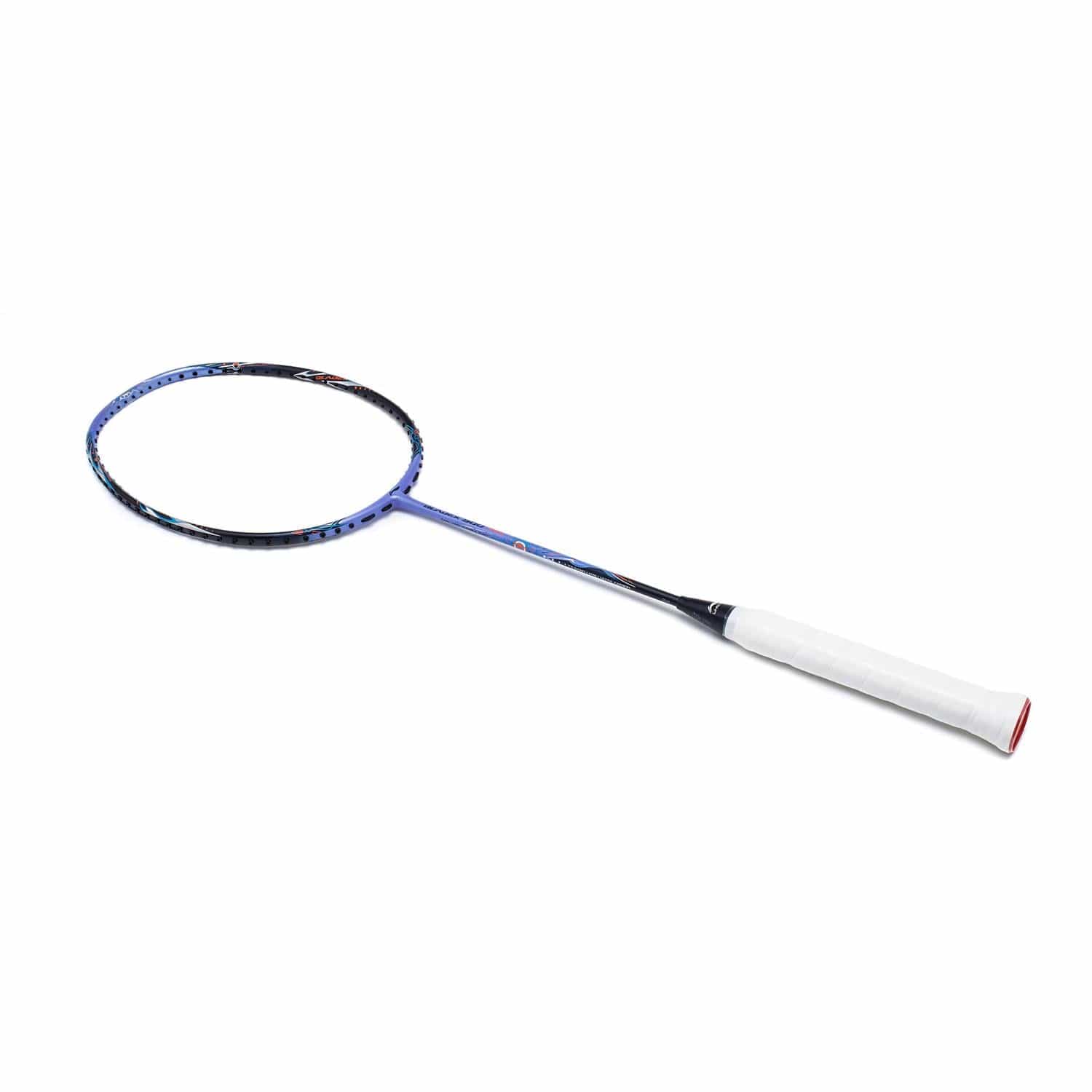 The stylish Li-Ning BladeX 900 Moon Max 4U Badminton Racket from Li-Ning showcases a blue design with a white grip and incorporates a Shock Absorbing System, all presented on a plain white background.