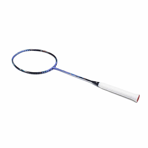 The stylish Li-Ning BladeX 900 Moon Max 4U Badminton Racket from Li-Ning showcases a blue design with a white grip and incorporates a Shock Absorbing System, all presented on a plain white background.