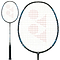 The Yonex Arcsaber 2 Clear 4U badminton racket, designed by Yonex for optimal shuttle control, features a sleek black frame with blue accents and white strings, prominently displaying a red logo on the string bed. It is presented in both full-length and close-up views of the head.