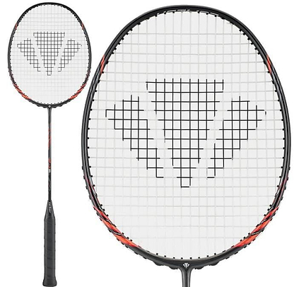 The Carlton GP-X 85 3U Badminton Racket by Carlton in black/red features a textured black grip, grid-patterned strings with a large geometric logo, and is crafted from Japanese High Modulus Graphite for advanced-level play.