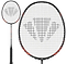 The Carlton GP-X 85 3U Badminton Racket by Carlton in black/red features a textured black grip, grid-patterned strings with a large geometric logo, and is crafted from Japanese High Modulus Graphite for advanced-level play.