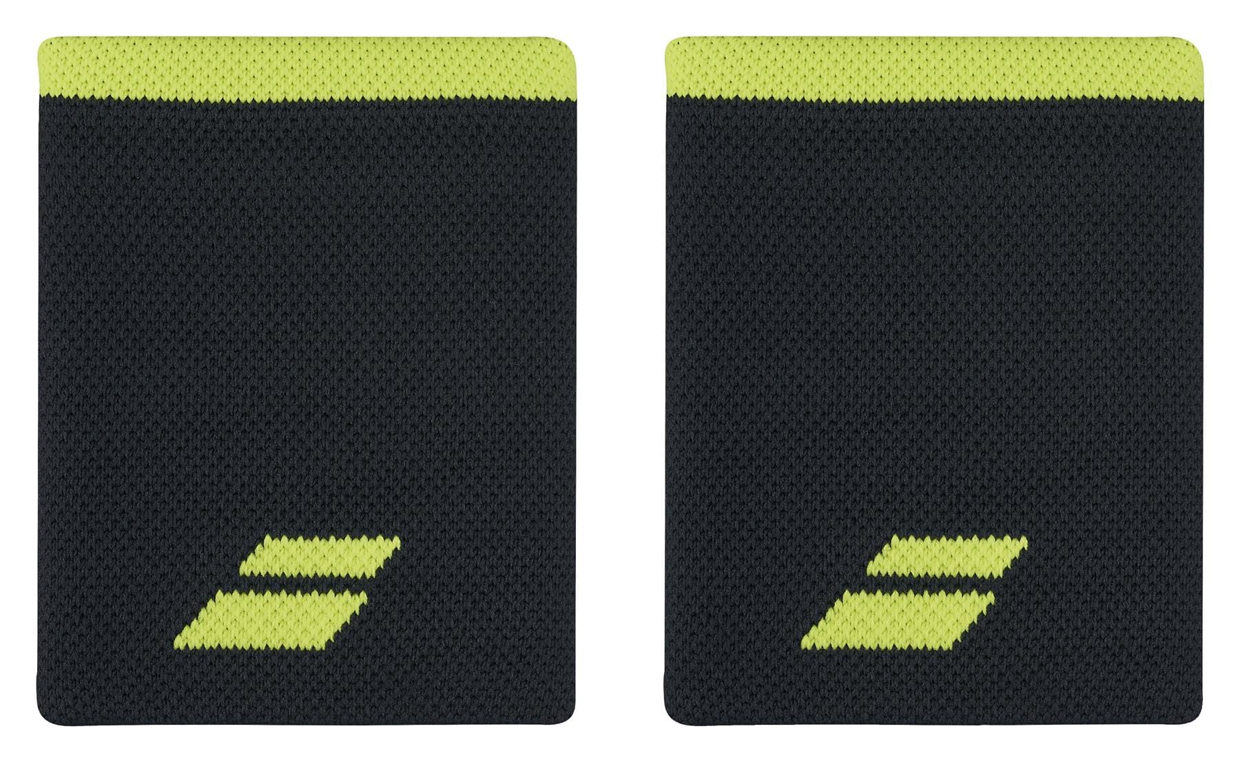 A pair of Babolat wristbands features the distinctive Jumbo Logo, resembling two parallel diagonal lines near the bottom. These grey bands with an Aero-colored top edge are designed for effective perspiration control and are displayed on a plain white background.