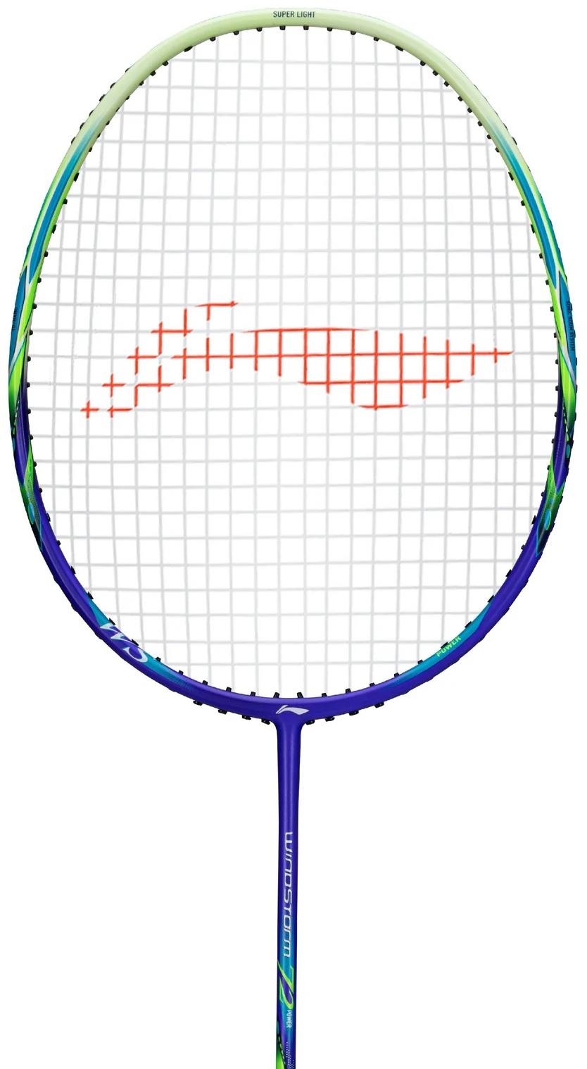 A close-up of the Li-Ning Windstorm 72 Power 6U Badminton Racket in purple, featuring white strings, a red Li-Ning logo, and TB Nano Technology for superior performance.