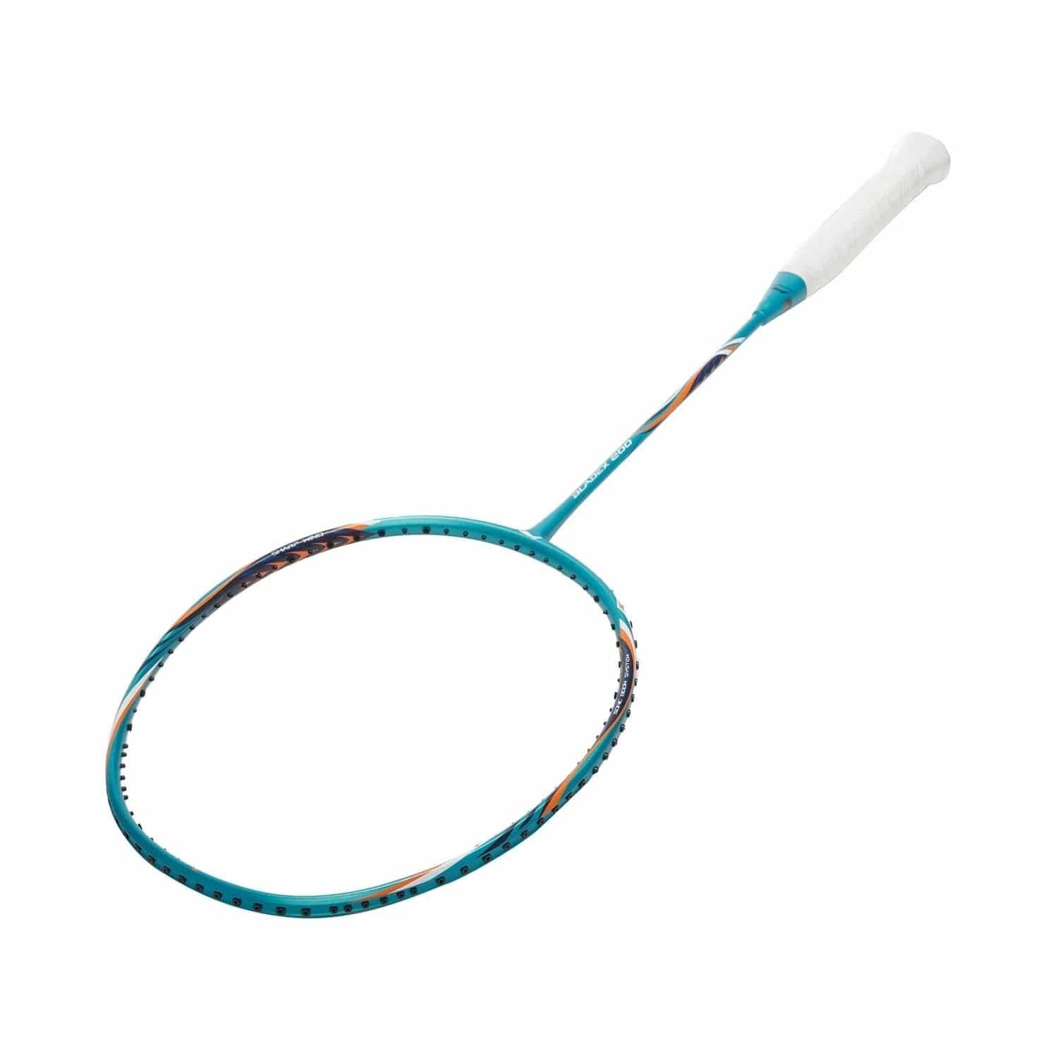 The Li-Ning BladeX 200 3U Badminton Racket in Viridian Green features a white grip and an oval head with a vibrant pattern. Made from high-modulus carbon fibre, its sleek shaft is lightweight yet powerful, combining modern design, sporty elegance, and Accele Tech integration.