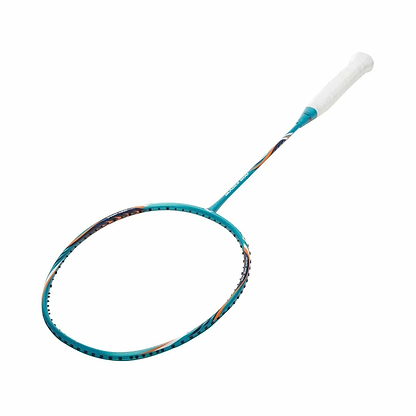 The Li-Ning BladeX 200 3U Badminton Racket in Viridian Green features a white grip and an oval head with a vibrant pattern. Made from high-modulus carbon fibre, its sleek shaft is lightweight yet powerful, combining modern design, sporty elegance, and Accele Tech integration.