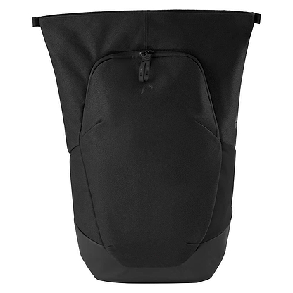 The HEAD Pro X Badminton Backpack 25L in black by HEAD showcases a modern, minimalist urban style with a top roll closure, front zippered pocket, and dedicated racket compartment—shown on a plain white background.