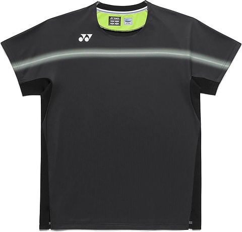 The Yonex 10711YX Crew Neck Mens Badminton T-Shirt in black features short sleeves, a subtle gray chest stripe, black side panels, and Yonex branding—ideal performance wear for active badminton players.