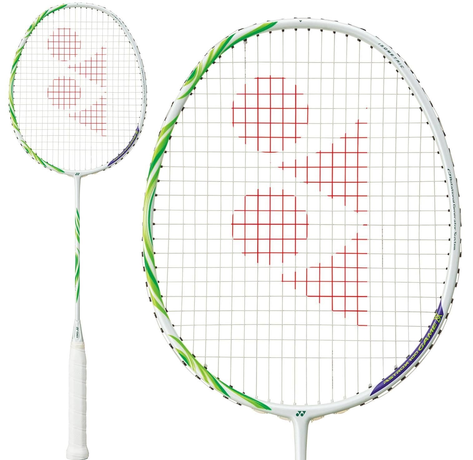 The Yonex Astrox 100 Game VA Viktor Axelsen 4U Badminton Racket in Greyish Beige features white strings and a red Yonex logo, shown in full and close-up views, with a design inspired by the Viktor Axelsen Signature series.