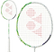The Yonex Astrox 100 Game VA Viktor Axelsen 4U Badminton Racket in Greyish Beige features white strings and a red Yonex logo, shown in full and close-up views, with a design inspired by the Viktor Axelsen Signature series.