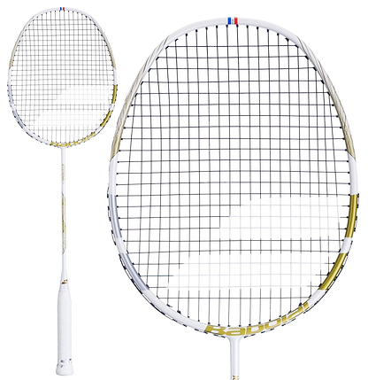 The Babolat Jetstream 74 6U badminton racket, an ultra-light model from Babolat, features black strings with red and blue accents at the top and gold accents along its slender shaft. It is displayed in two views: a full-length shot and a close-up of the head.