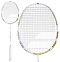 The Babolat Jetstream 74 6U badminton racket, an ultra-light model from Babolat, features black strings with red and blue accents at the top and gold accents along its slender shaft. It is displayed in two views: a full-length shot and a close-up of the head.