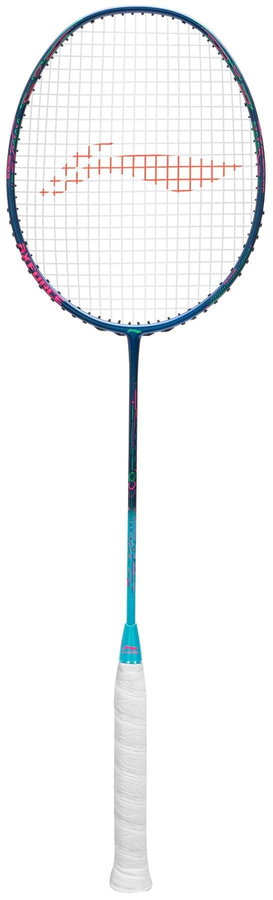 A Li-Ning Axforce 50 5U Badminton Racket in dark purple/blue with a white grip, white strings, and orange center strings, featuring Box Wing Frame and TB Nanotechnology, is displayed against a plain white background.