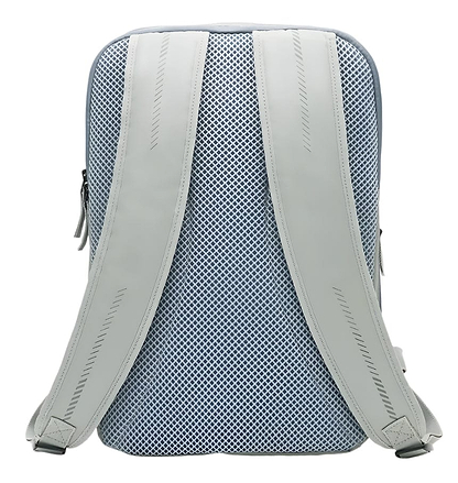 The Kanso Intuko Badminton 23L Backpack in gray is displayed upright against a plain white background, featuring two padded straps and a mesh back that accentuate its structured design.