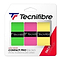 The Tecnifibre Contact Pro Badminton Overgrip - 3 Pack in pink, yellow, and green highlights its "Wax Resin Contact Pro 0.6 mm" design, featuring "Strong Tackiness & Long Lasting" qualities. The overgrip offers an enhanced grip with a tacky effect, while the Tecnifibre logo and branding are prominently displayed.