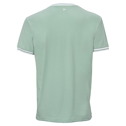 The Tecnifibre Team Stretch Men's Badminton T-Shirt in sage green is shown from the back, with white and gray trim on the sleeve cuffs and a small white Tecnifibre logo near the neckline.