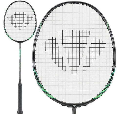 The Carlton GP-X 78 5U Badminton Racket by Carlton features a head heavy balance, black with green accents, and a geometric string pattern. Made from Japanese High Modulus Graphite, it's shown in full view and close-up of the racket head.