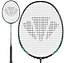 The Carlton GP-X 78 5U Badminton Racket by Carlton features a head heavy balance, black with green accents, and a geometric string pattern. Made from Japanese High Modulus Graphite, it's shown in full view and close-up of the racket head.