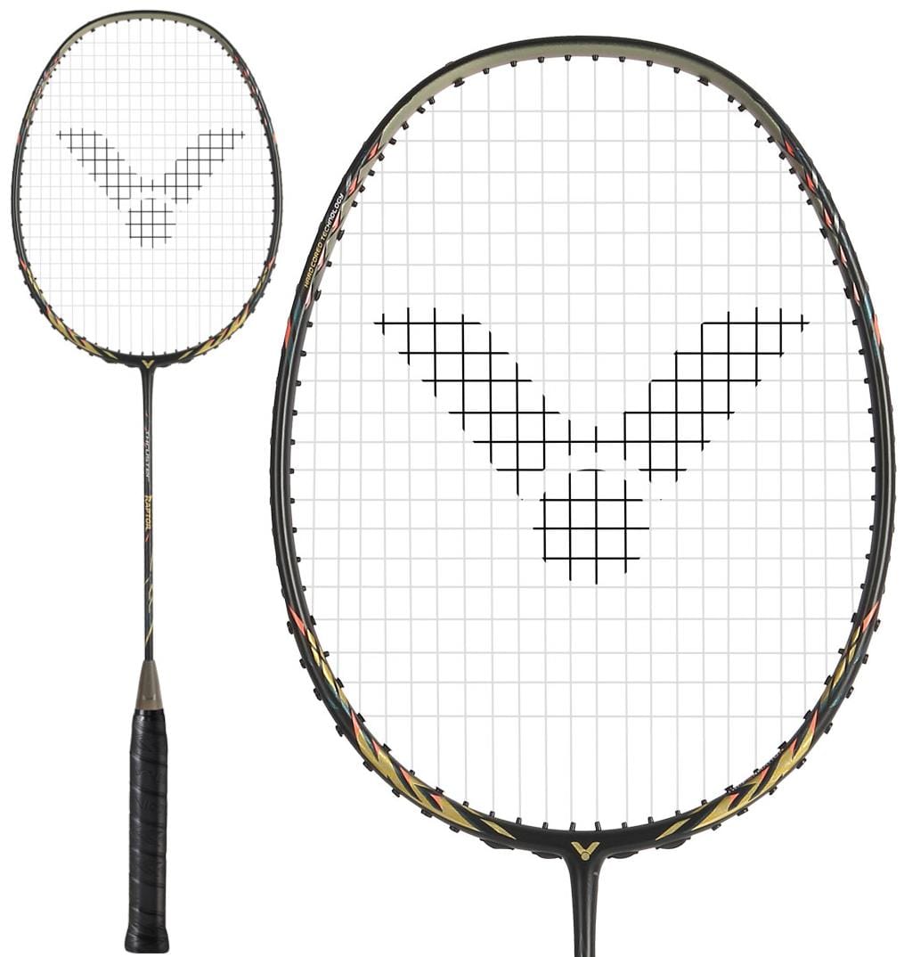 The Victor Thruster Raptor C 4U Badminton Racket by Victor, in Black/Gold, features a black grip and patterned frame with a unique square black logo on the strings. A close-up of this attack-oriented racket’s head is also shown.