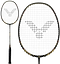 The Victor Thruster Raptor C 4U Badminton Racket by Victor, in Black/Gold, features a black grip and patterned frame with a unique square black logo on the strings. A close-up of this attack-oriented racket’s head is also shown.