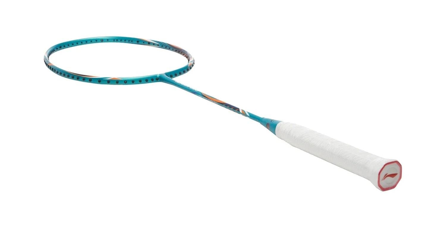The Li-Ning BladeX 200 3U badminton racket in Viridian Green, made from high-modulus carbon fibre, features a sleek design with a circular frame and white grip. Its shaft is decorated with colorful geometric patterns and enhanced by Accele Tech for superior performance.