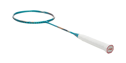 The Li-Ning BladeX 200 3U badminton racket in Viridian Green, made from high-modulus carbon fibre, features a sleek design with a circular frame and white grip. Its shaft is decorated with colorful geometric patterns and enhanced by Accele Tech for superior performance.