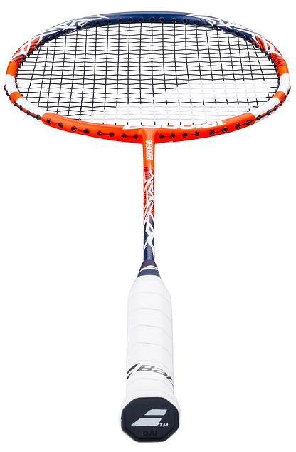 The Babolat Speedlighter 2026 Badminton Racket in orange and white, shown from handle to head on a white background, is ideal for beginners seeking a lightweight junior racket.